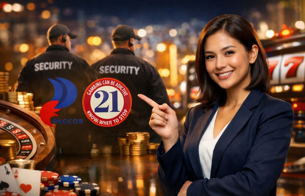 Woman points to logos in casino setting