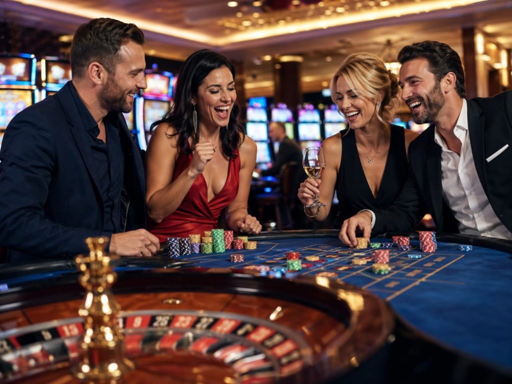 two couple happy play on casino